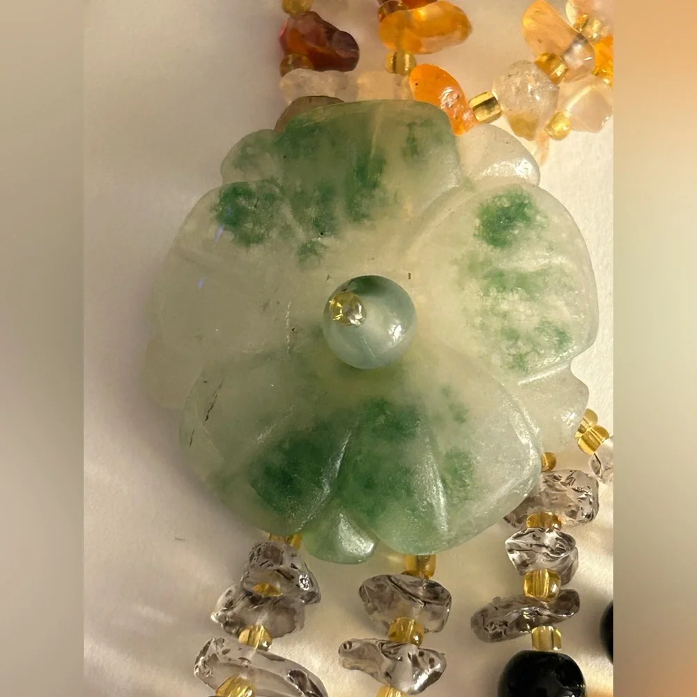 Necklace Artisan Jade flower tassel, Onyx, Rutilated Quartz, Carnelian beads
